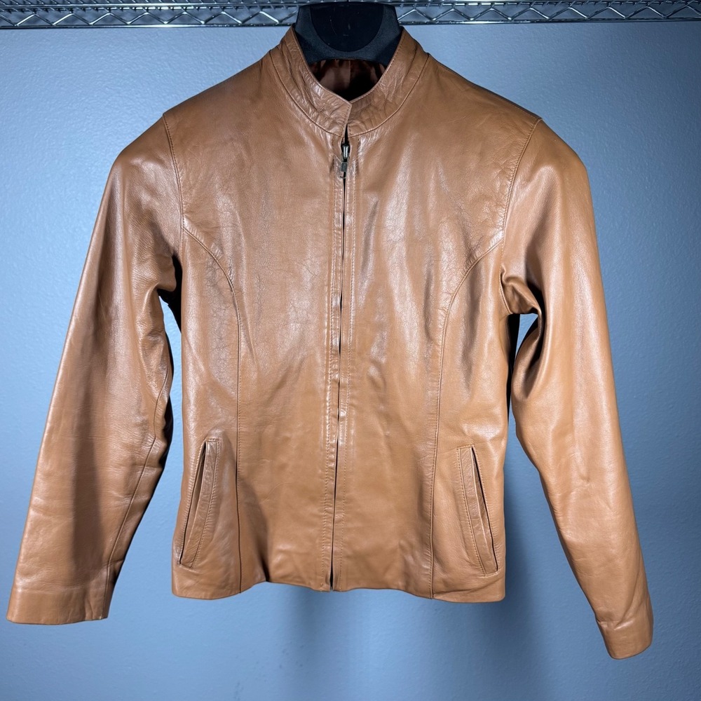 Norm Thompson Womens XS Y2K Brown Genuine Leather Jacket Cafe Racer Zip Front